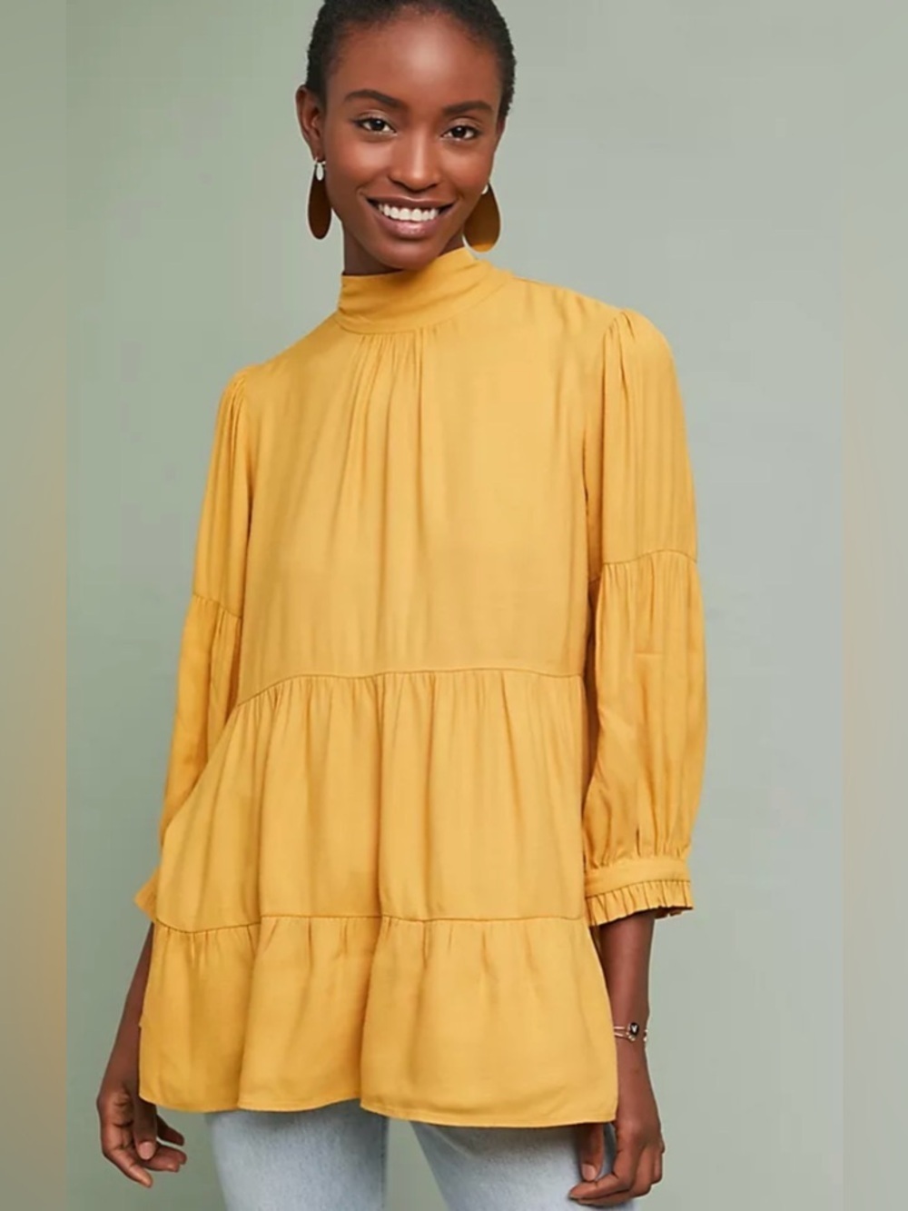 Maeve Mustard Yellow Tiered Mock Neck Tie Back Tunic Blouse Medium